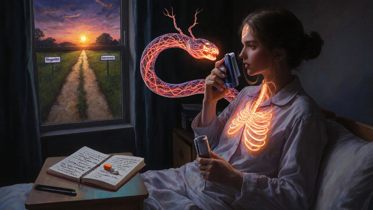 Woman using an inhaler at night as a serpent of blood vessels coils around her chest, pill on nightstand.
