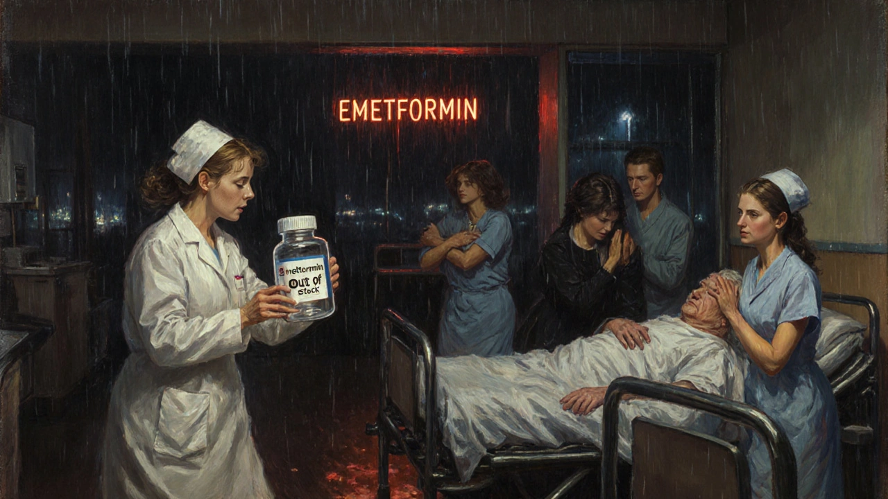 A doctor holds an empty medicine bottle in a busy hospital emergency bay, family nearby in distress.