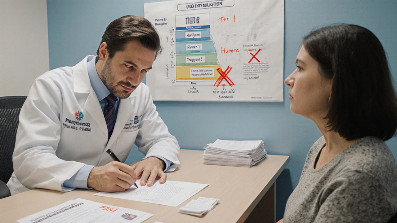 A doctor writes a formulary exception letter as a patient watches, with drug tiers and receipts on the desk.