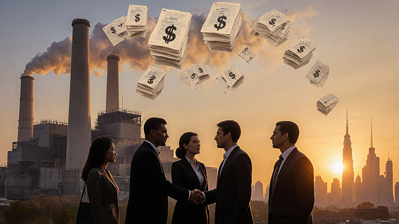 A factory at dusk emitting contracts instead of smoke, with a handshake symbolizing global contract manufacturing.