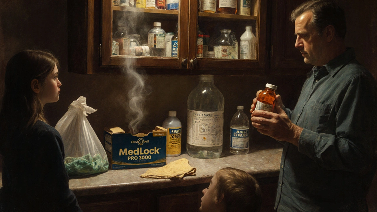 A family disposing of contaminated medications and cleaners, cleaning the cabinet with vinegar and water.