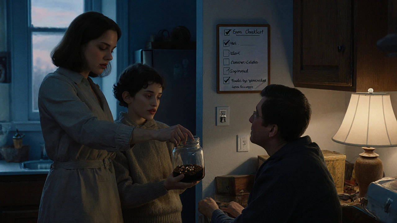 A family disposing of expired medicine by mixing pills with coffee grounds in a sealed jar.