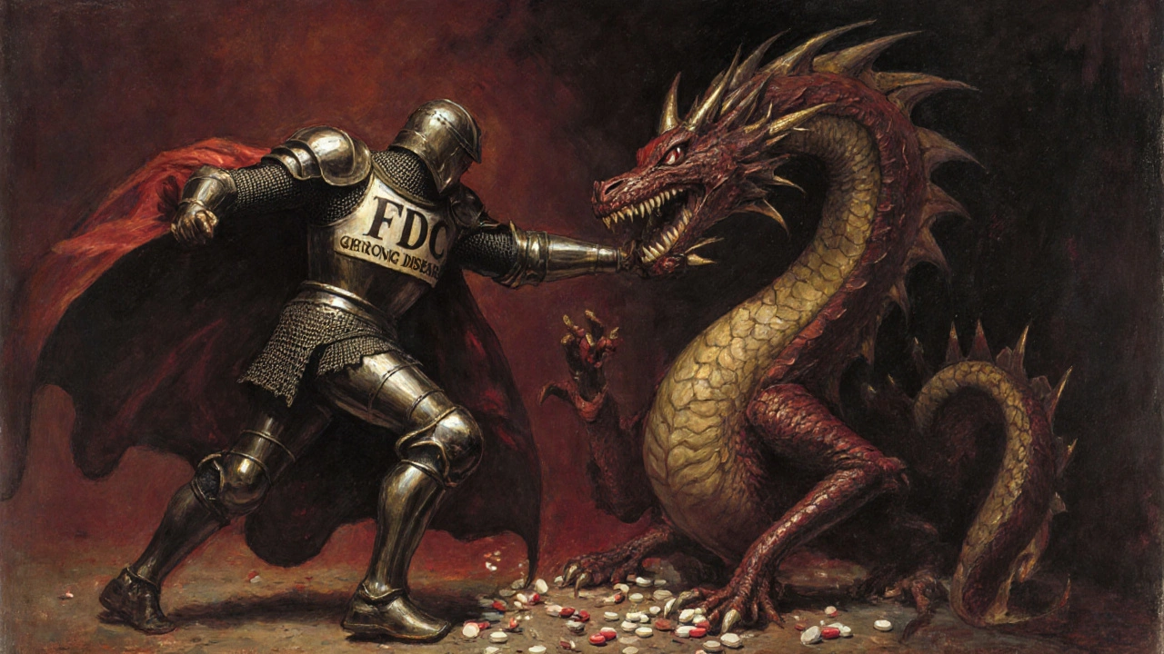 A knight labeled &#039;FDC&#039; battling a multi-headed disease dragon, with scattered pills symbolizing defeated medications.