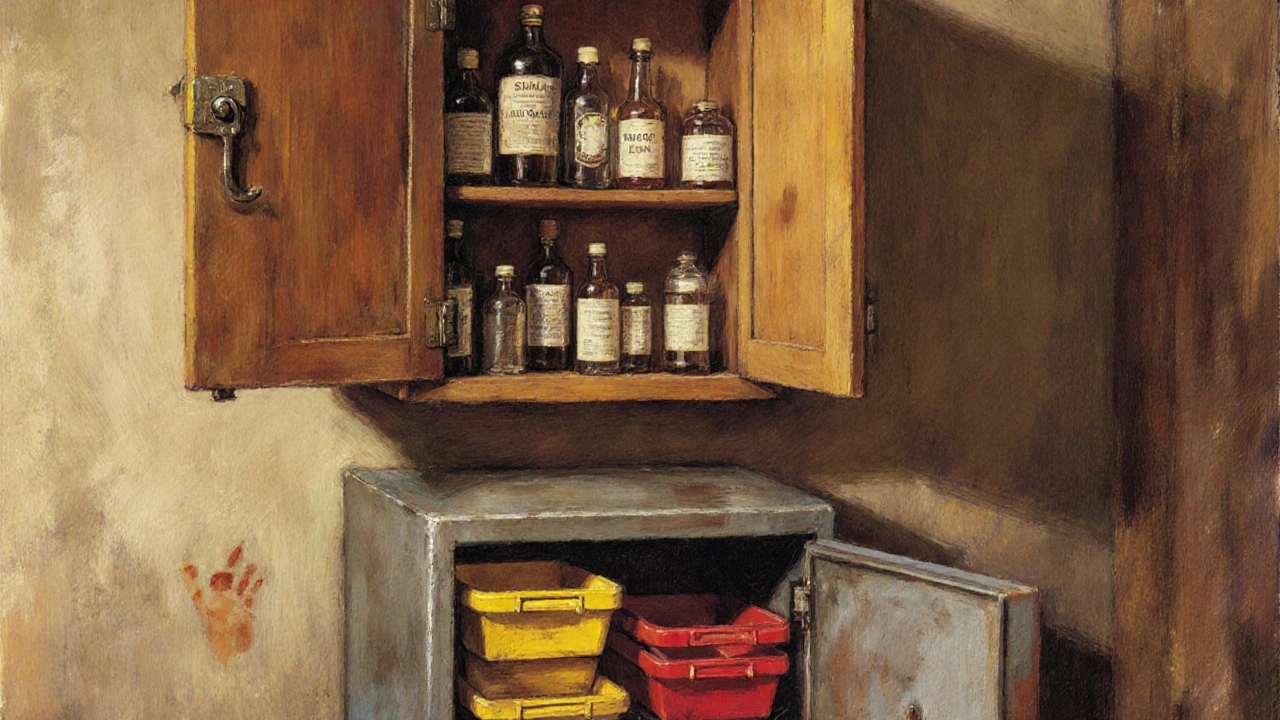 A locked high-mounted medicine cabinet with labeled bottles, separated from lower chemical storage.