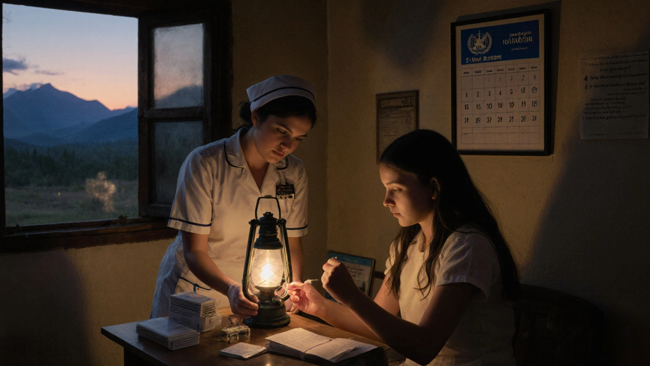 A nurse guides a teen through an at-home HPV test in a rural clinic at dusk.