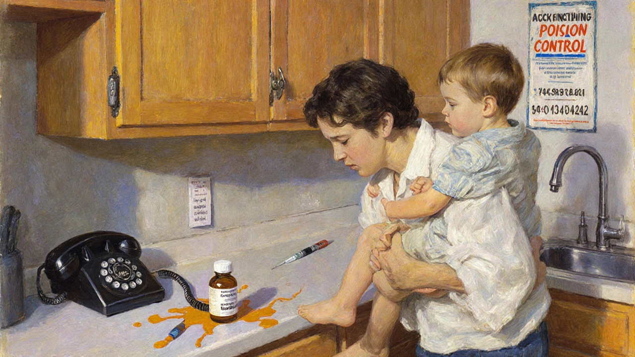 A parent rushing with a child toward a phone as liquid nicotine spills nearby.