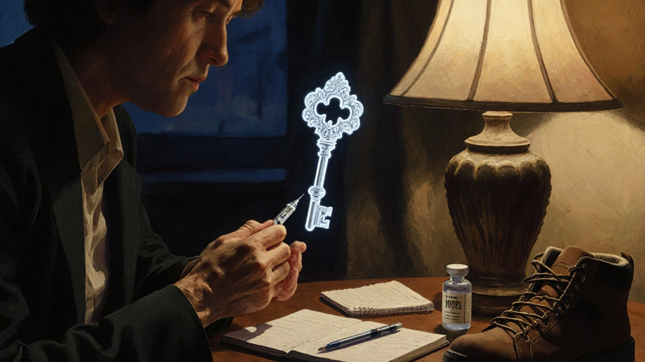 A patient giving themselves a TNF inhibitor injection at home, with a glowing antibody key locking onto a TNF molecule.