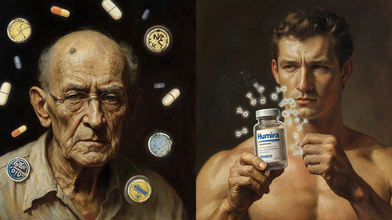 A patient transformed from steroid side effects to health, holding Humira as TNF-alpha molecules are blocked by glowing shields.