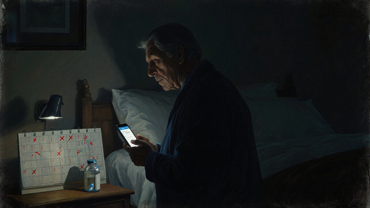 A person in a bedroom holding a phone with a medication reminder, next to an empty pill bottle.