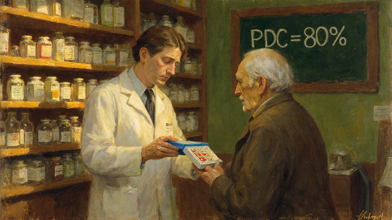 A pharmacist handing a pre-sorted pill box to an elderly patient in a cozy pharmacy.
