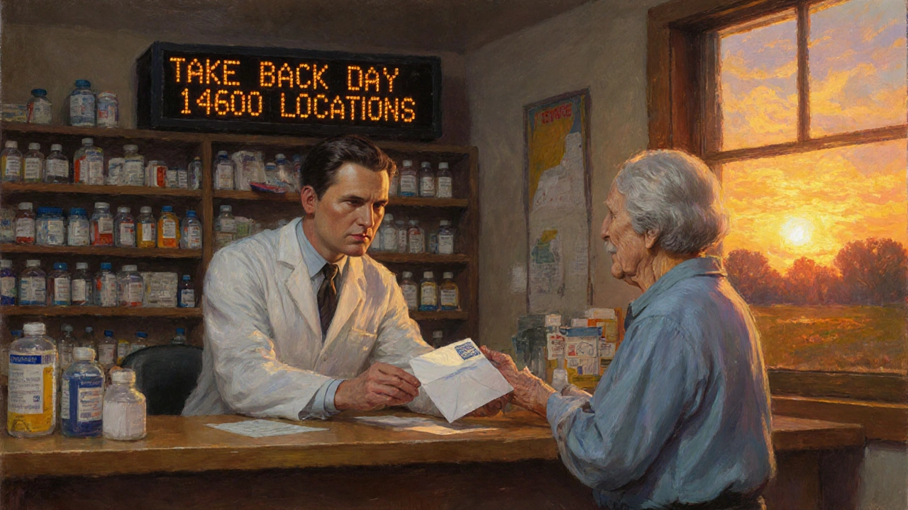 A pharmacist handing a prepaid mail-back envelope for expired drugs to an elderly patient at a pharmacy.