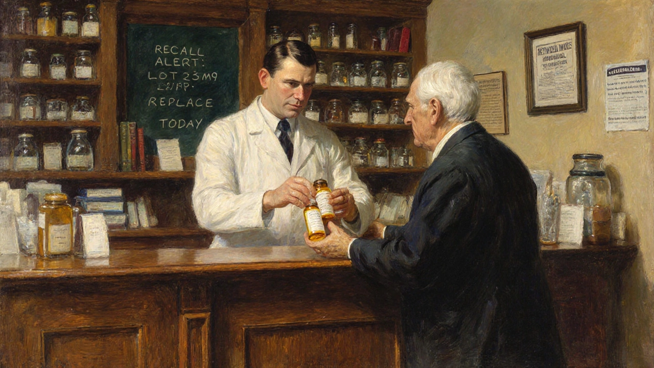 A pharmacist hands a replacement prescription to a patient in a classic pharmacy setting.