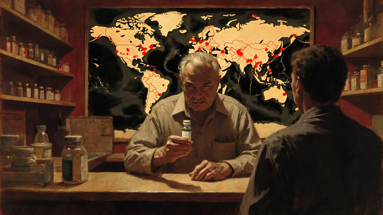 A pharmacist holds the last vial of insulin as a patient looks on, empty shelves behind them.