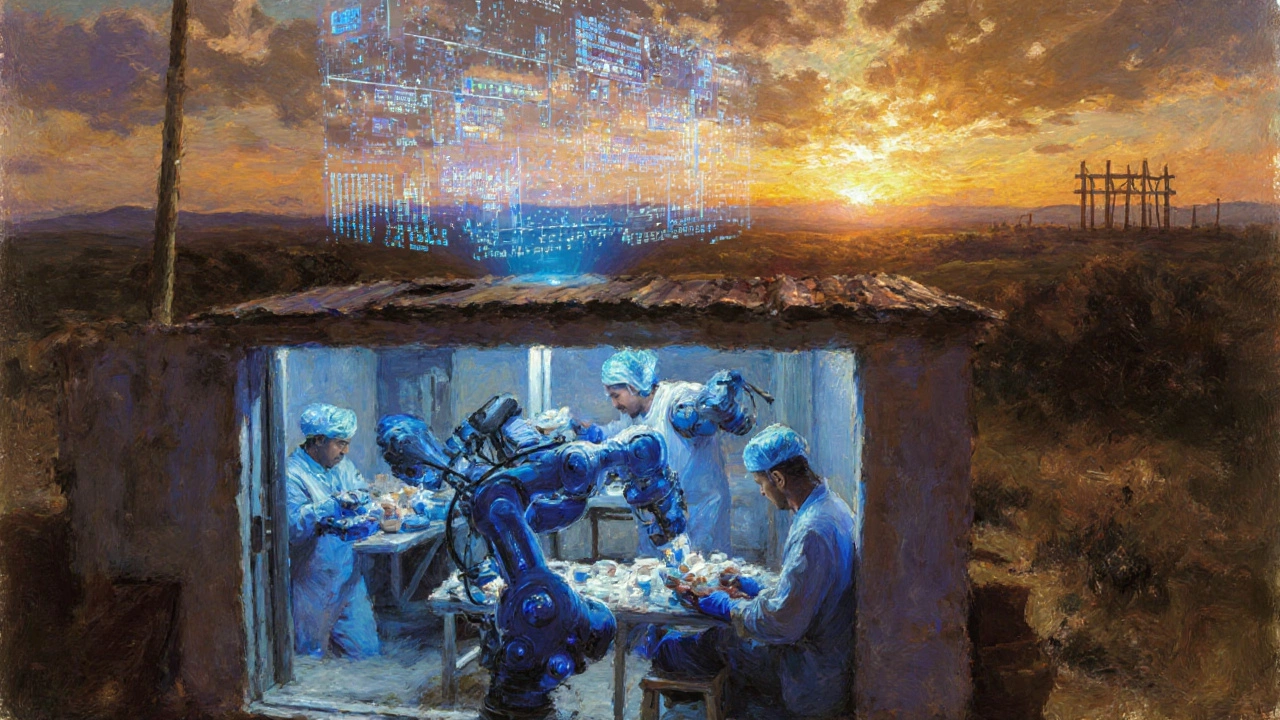 A small automated factory in Mexico produces medicine with robotic arms and digital projections overhead.