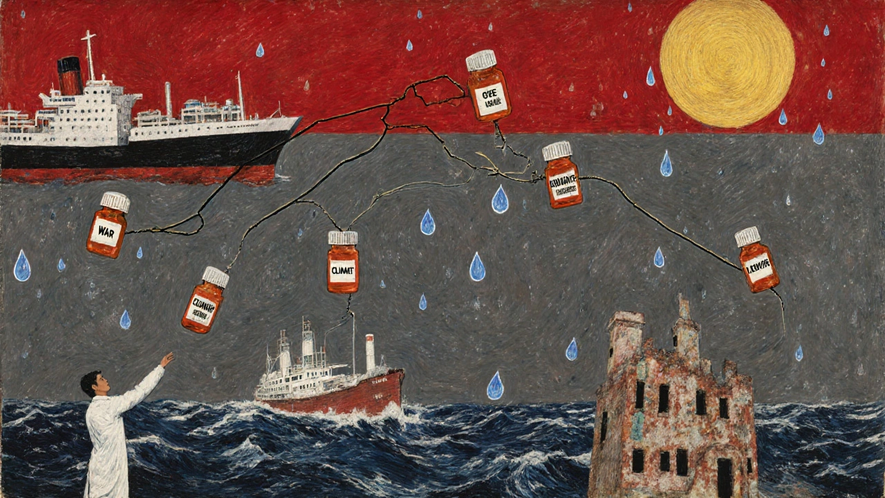 A symbolic journey of medicine across global supply chains, with broken links and a figure reaching for resilience.