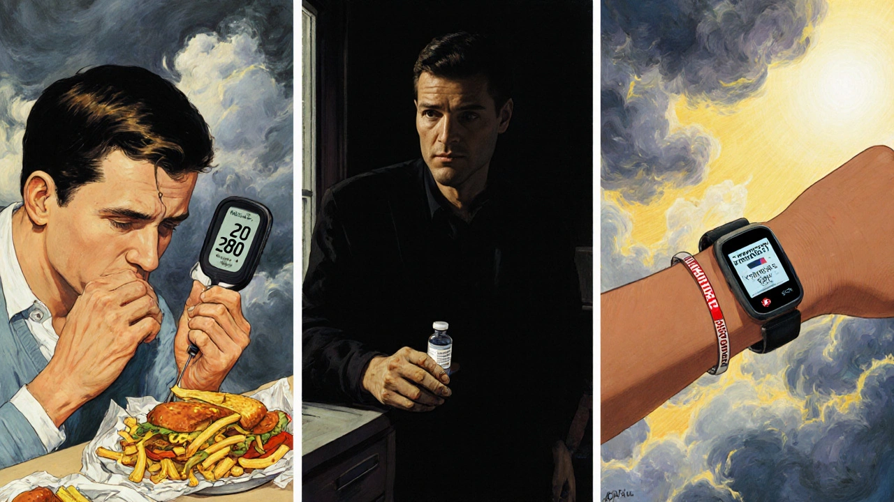 A triptych showing high blood sugar triggers: eating, empty insulin vial, and emergency alert.