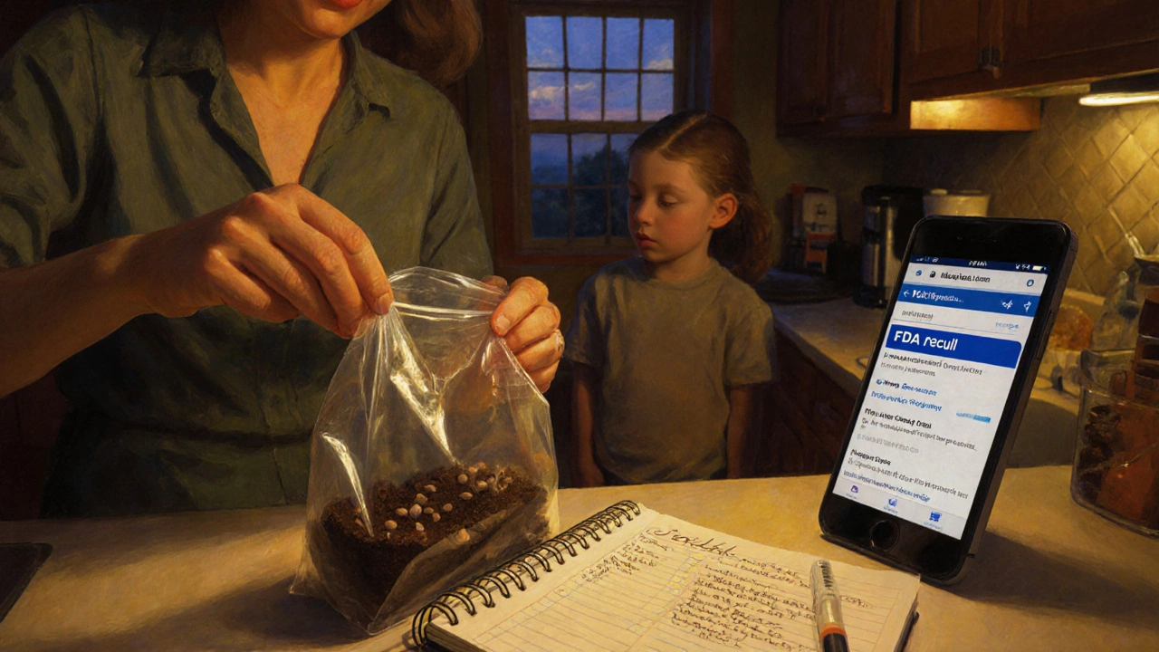 A woman safely disposes of recalled medication with coffee grounds while a child watches nearby.