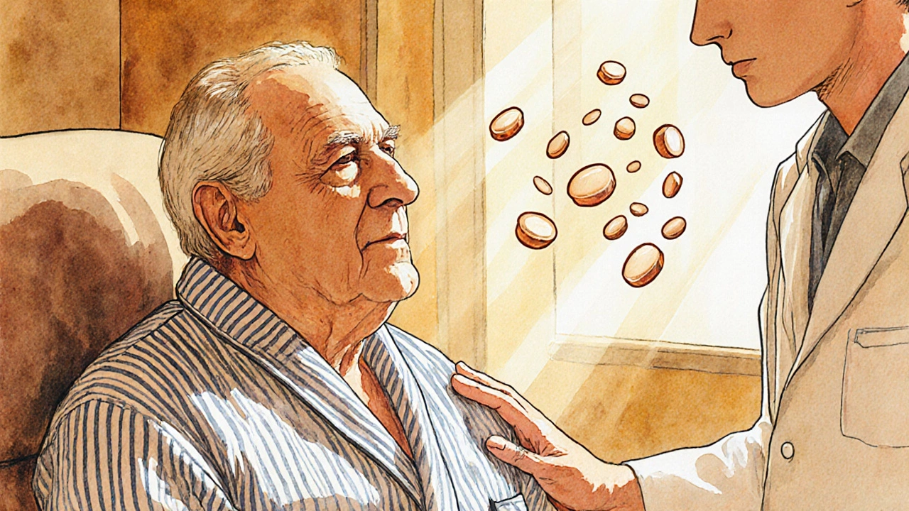 An elderly man in hospice, doctor beside him, statin pills dissolving into light as warmth fills the room.