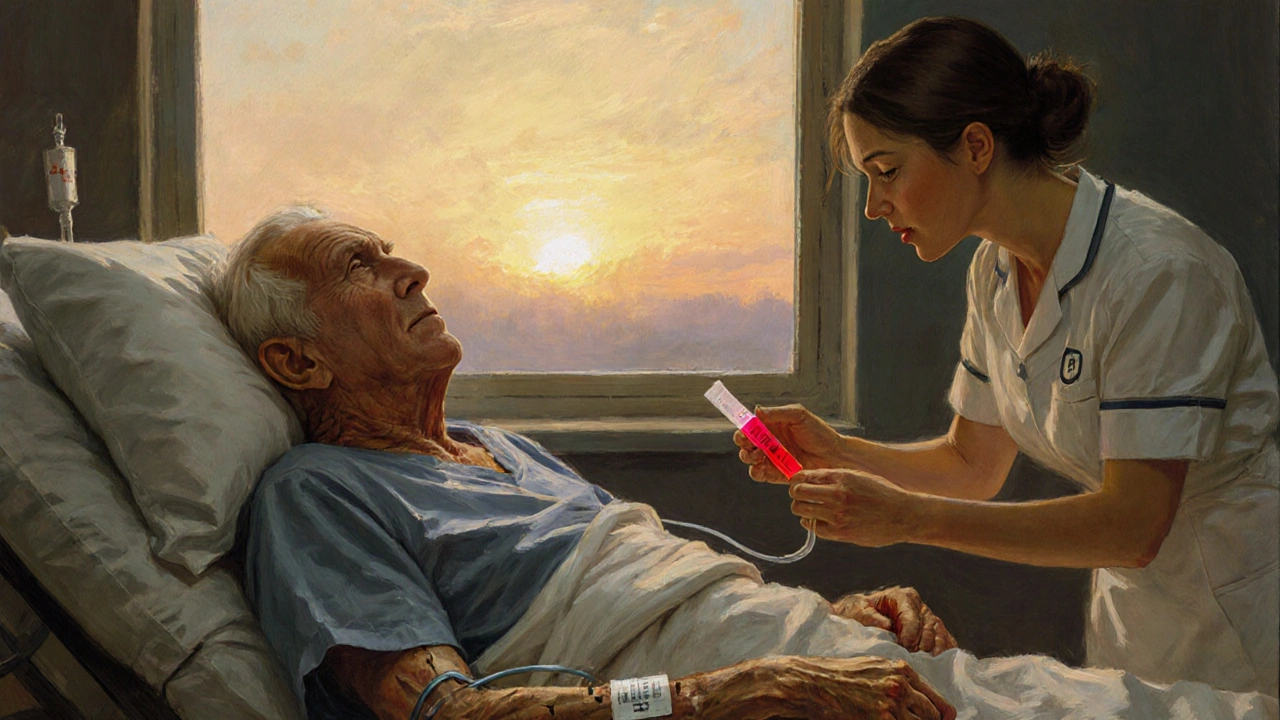 An elderly patient in an ER with a nurse checking a ketone test strip, IV lines visible.