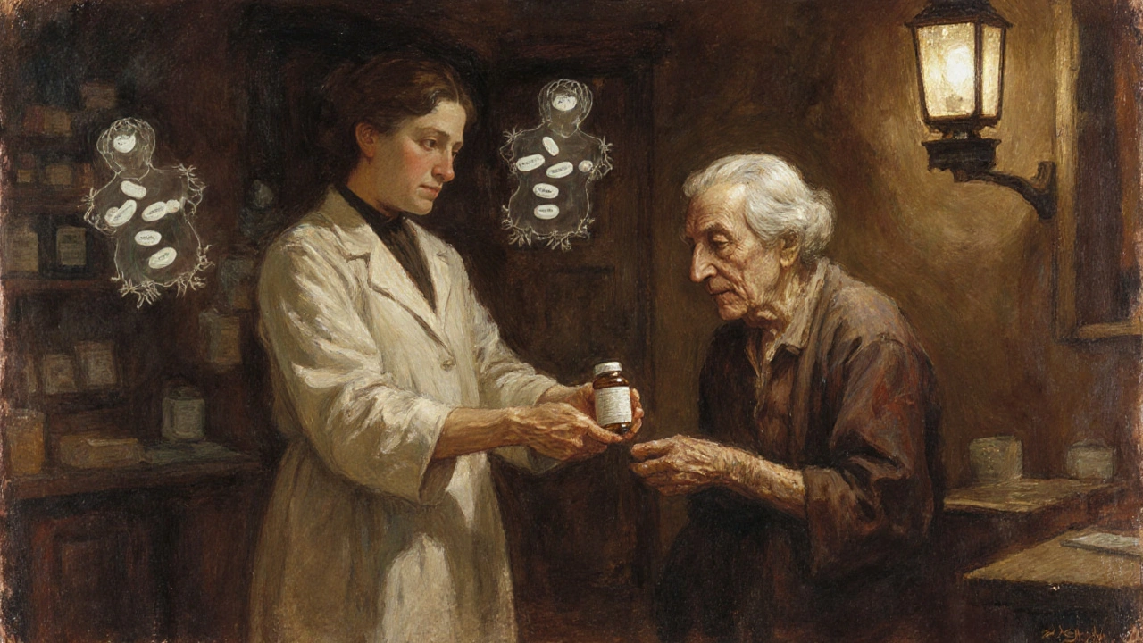 An elderly patient receiving a pill bottle from a pharmacist, with fading images of separate pills behind her.