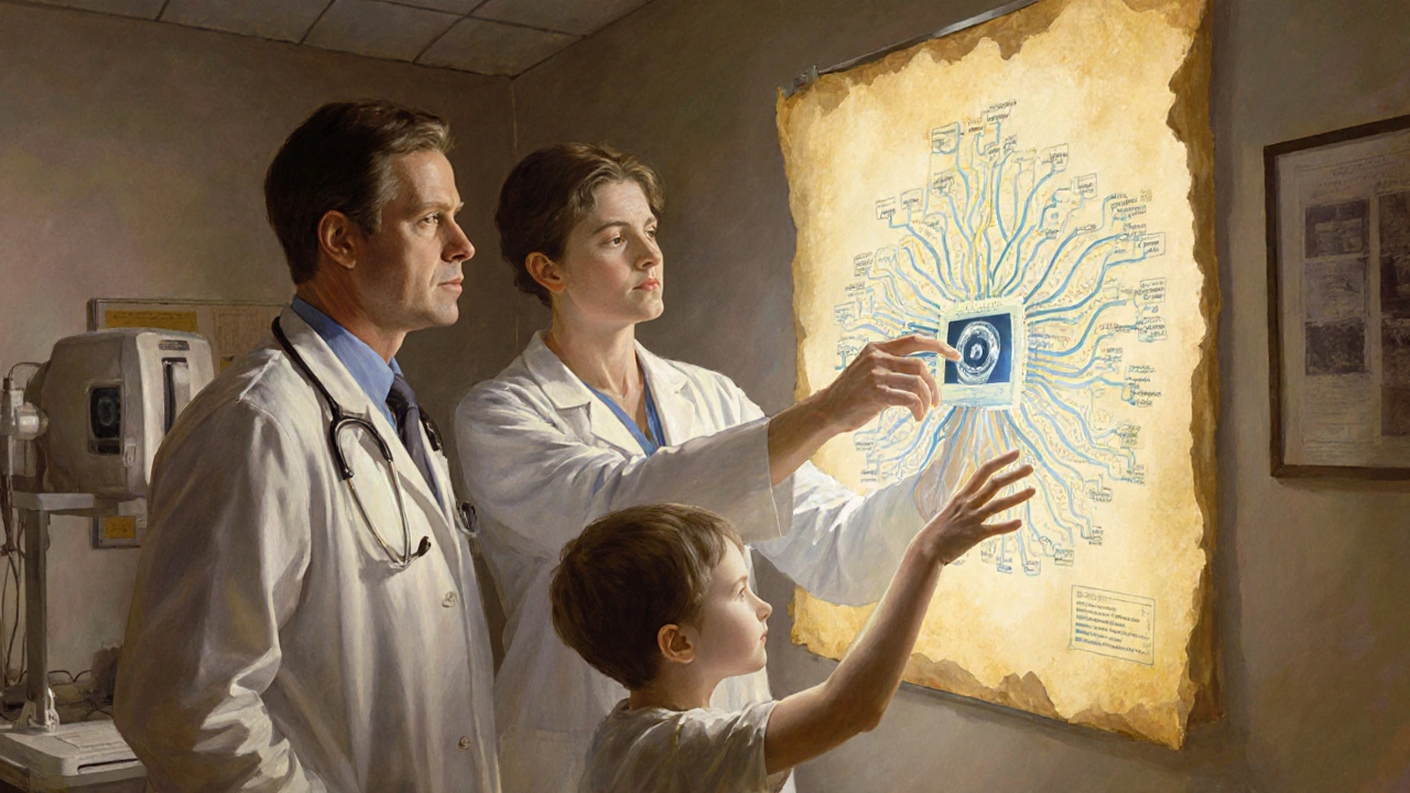 An ophthalmologist and rheumatologist examine an eye scan together, with a child reaching toward a glowing immune pathway map.