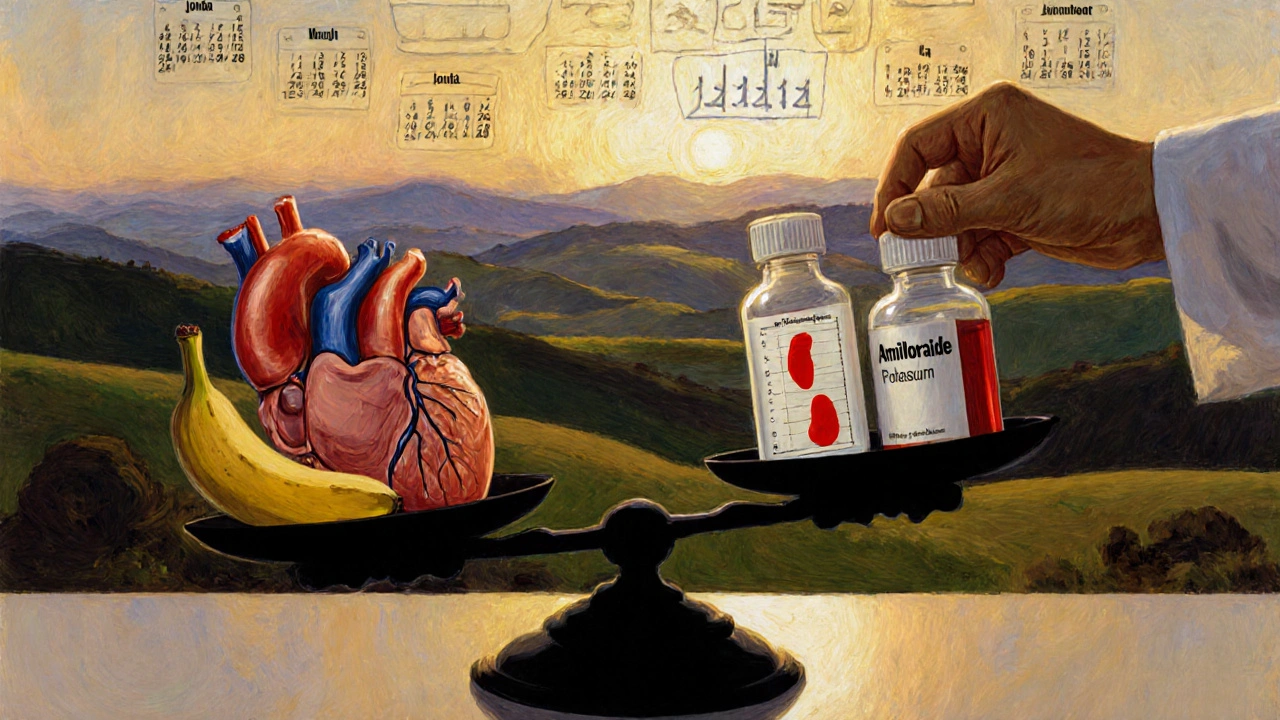 Balanced scale with heart, kidney, amiloride pill, and banana, representing electrolyte equilibrium under medical care.