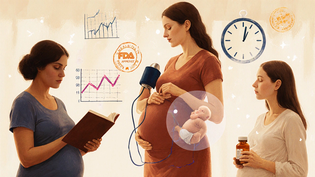 Diverse pregnant women calmly surrounded by floating safety data and prenatal vitamin icons in warm light.