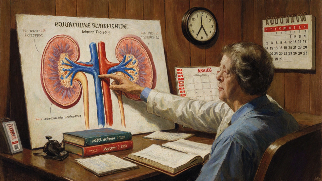 Doctor and patient reviewing kidney diagram showing sodium and potassium flow, with medical books and calendar in background.