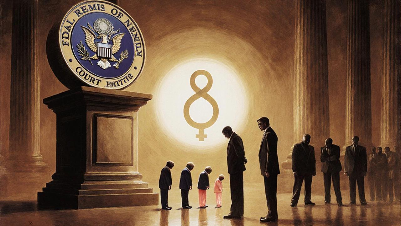 FDA seal towering over generic and brand-name pills in a human body courtroom, with fear fading into shadows.