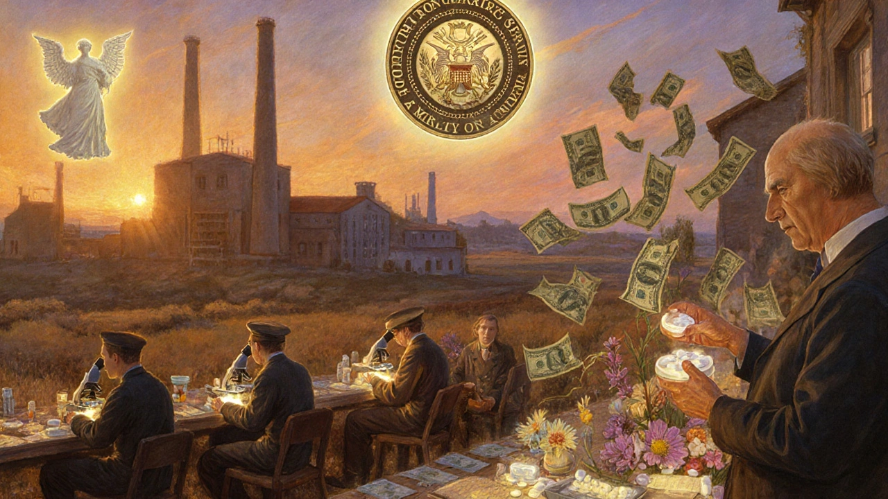 Generic drug factory at sunset with FDA seal above, patient receiving medication as money turns to flowers.