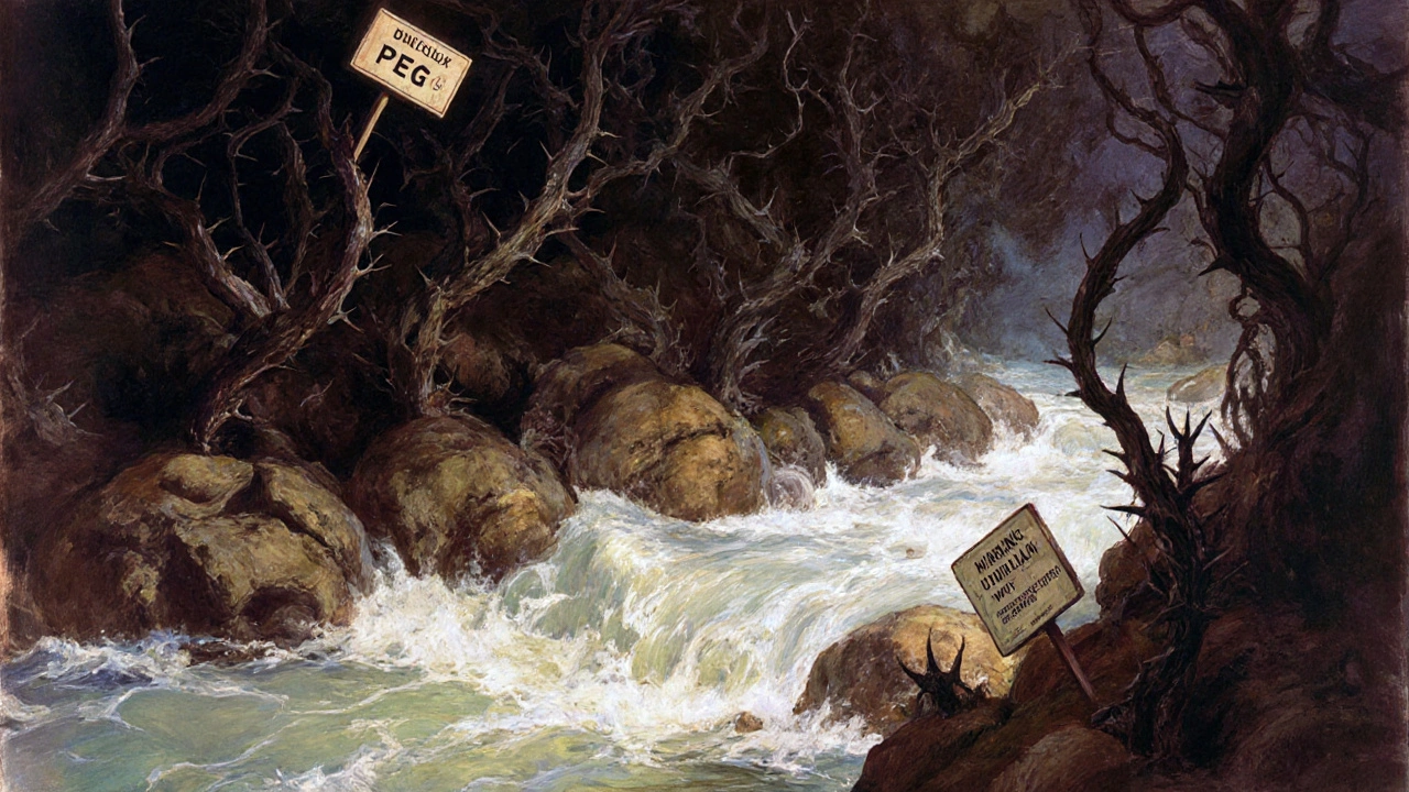 Mythic intestinal scene with gentle water flow defeating harsh stimulant vines