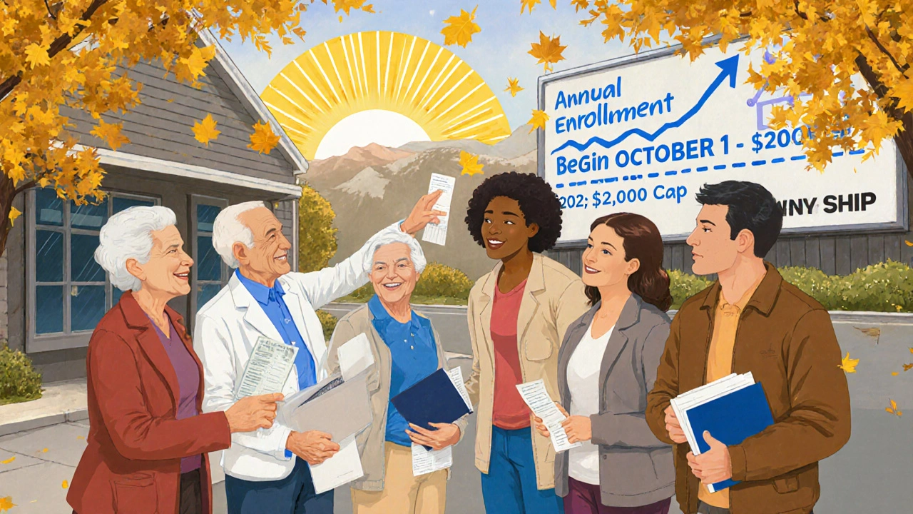Patients gather outside a health center as a counselor points to an enrollment sign, autumn leaves swirling around them.