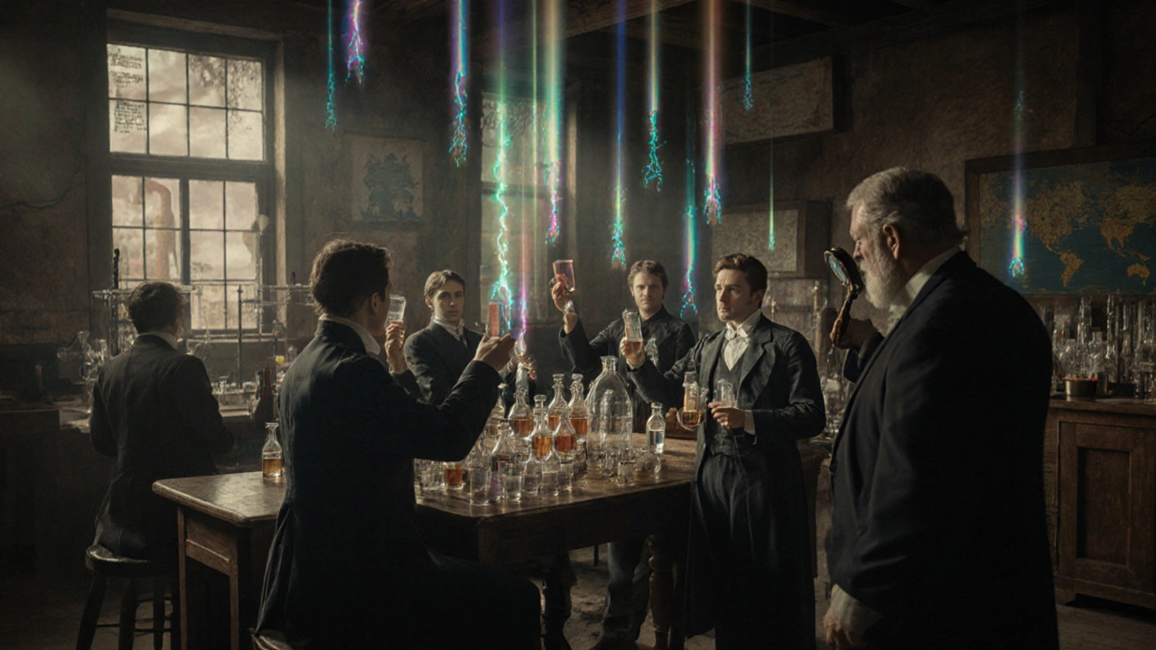 Scientists in vintage attire conducting bioequivalence study with volunteers and floating data streams.