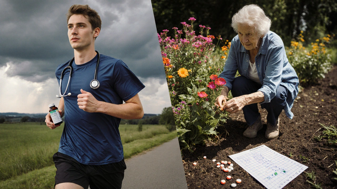 Split illustration: young man with statins under stormy sky, older woman gardening with pills fading away.