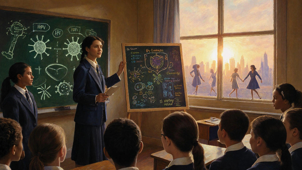 Teens learn about HPV immunity from a chalkboard diagram as sunrise symbolizes hope.