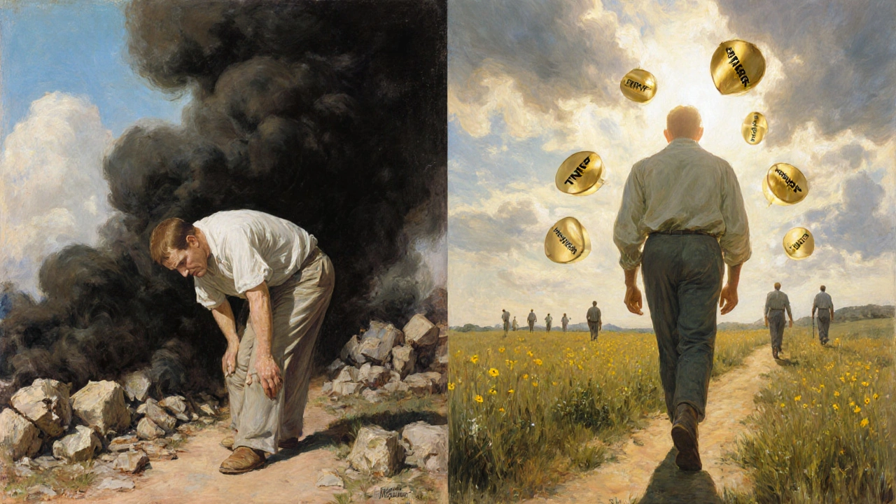 Two paths: one of pain and destruction, the other of healing and hope, with protective TNF inhibitor shields.