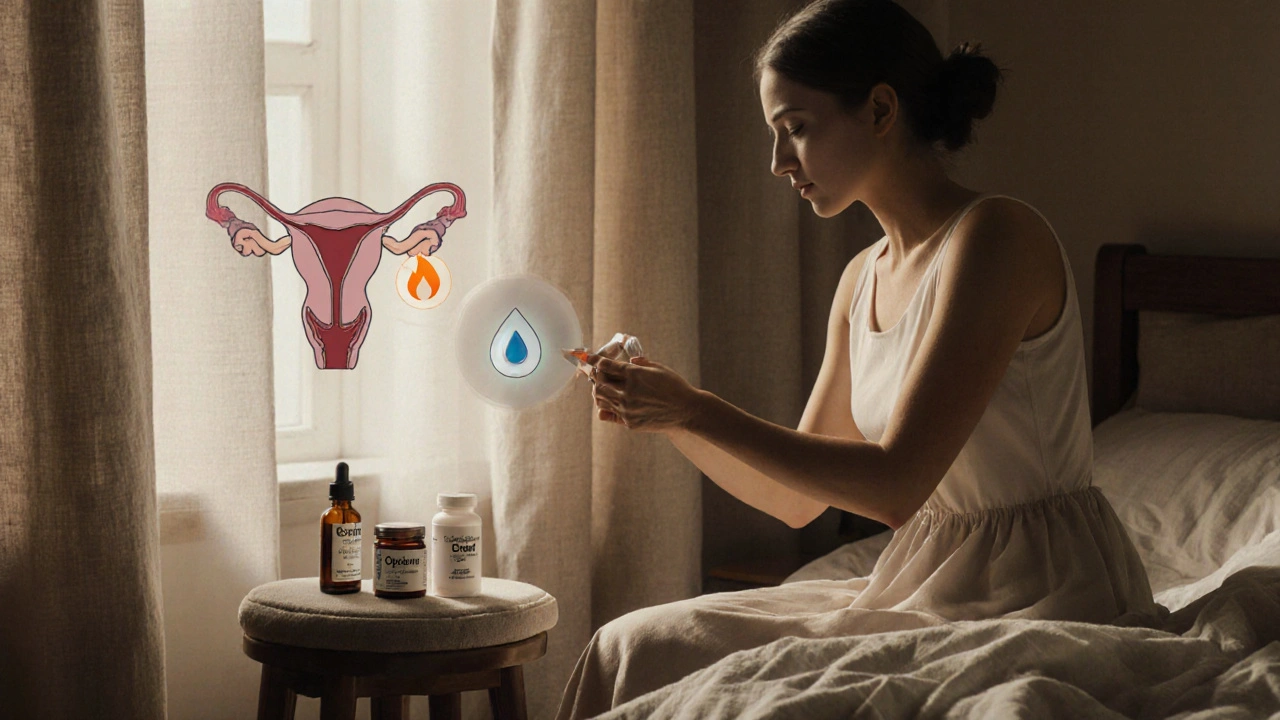 Woman applying vaginal cream with hormone alternatives on bedside table, soft morning light.
