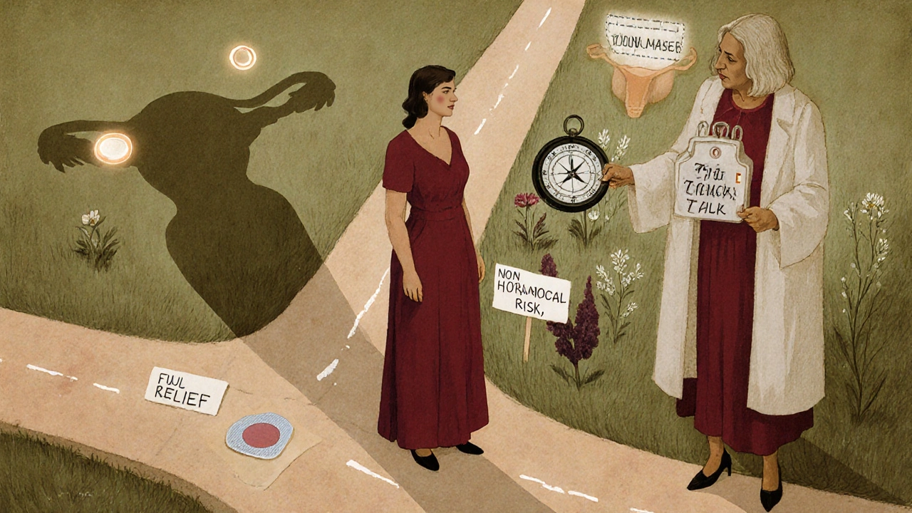 Woman at crossroads choosing between hormone and non-hormonal menopause treatments.