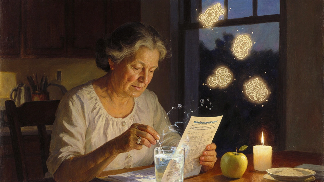 Woman stirring MiraLax at kitchen table with floating healthy foods