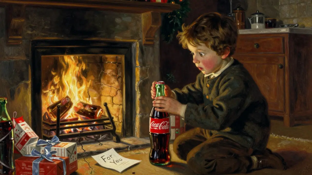 A child opening a Coca-Cola bottle by the fireplace on Christmas morning, surrounded by gifts and family warmth.