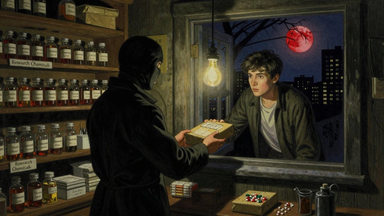 A clandestine transaction at night in a hidden pharmacy, with unlabeled drugs and a blood-red moon casting ominous shadows.