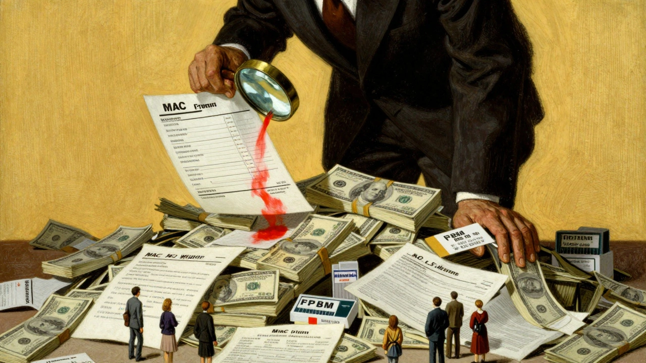 A corporate figure looms over prescription documents, while small pharmacies shrink beneath falling reimbursement rates.