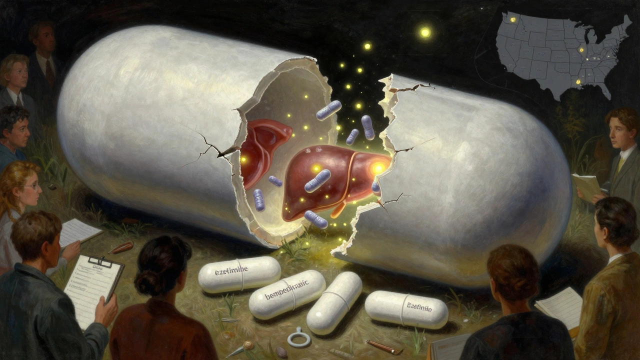 A cracked statin pill releasing nanoparticles toward a glowing liver, with alternative medications and clinic locations glowing around it.