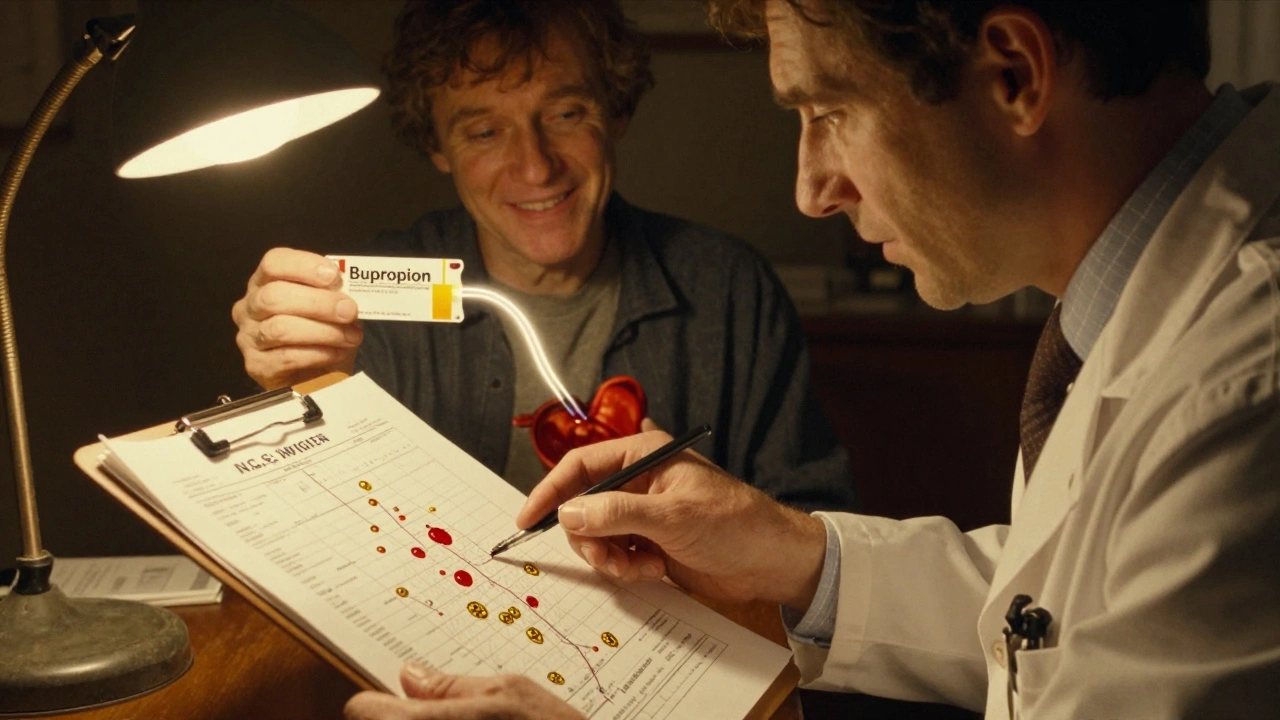 A doctor and patient reviewing a genetic report with a successful medication pathway glowing in the background.