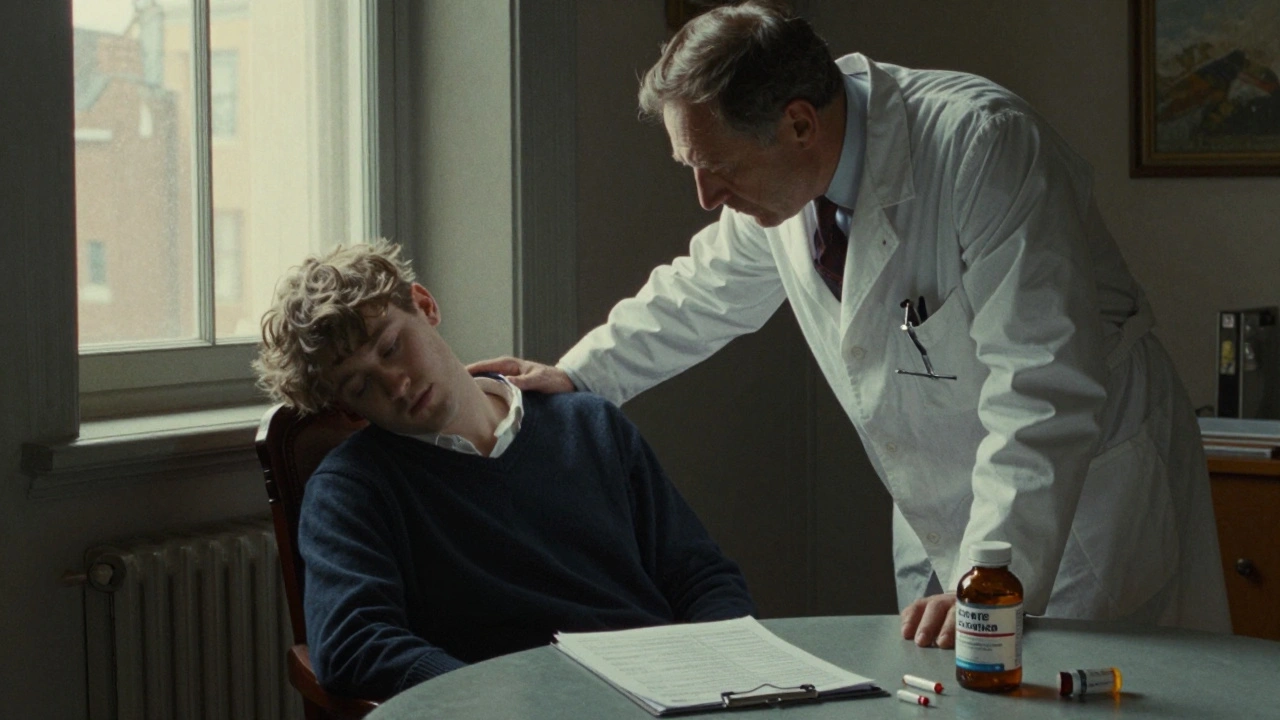 A doctor comforts a young man after steroid use, with a blood test and discarded pills on the table under morning light.