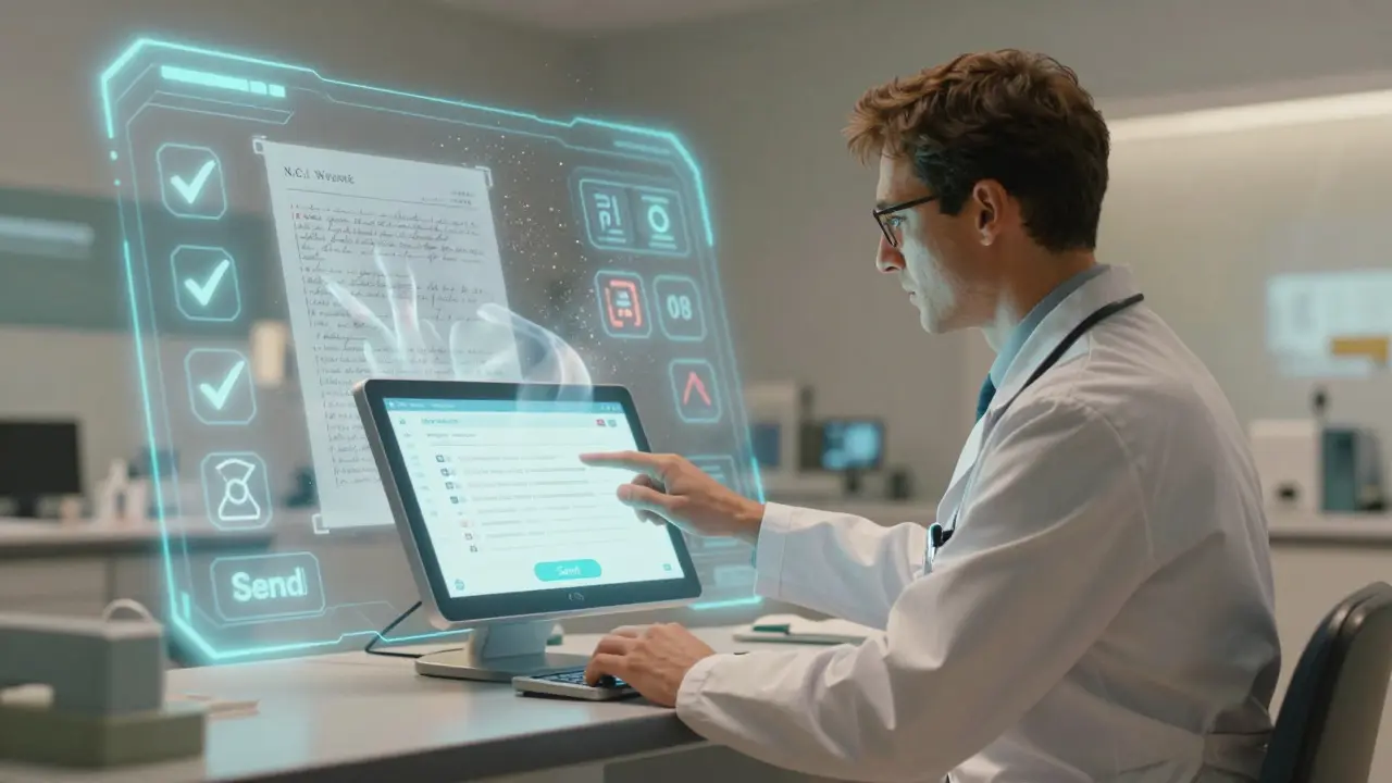 A doctor sends an electronic prescription as a fading handwritten one dissolves into safety icons.