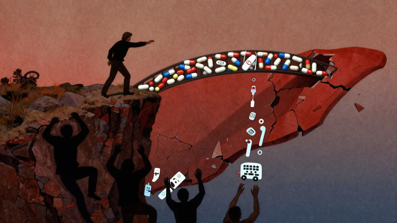A figure reaches for a pill bridge over a crumbling liver cliff, symbolizing cure and access.
