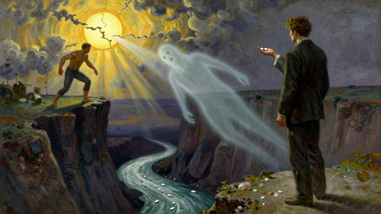 A man stands at a cliff’s edge holding a pill, with his past self fading away and a river of pills flowing into darkness.