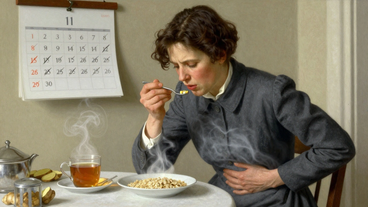 A patient eating oatmeal at breakfast with ginger tea nearby, as a fading wave of nausea dissolves from their body in morning light.
