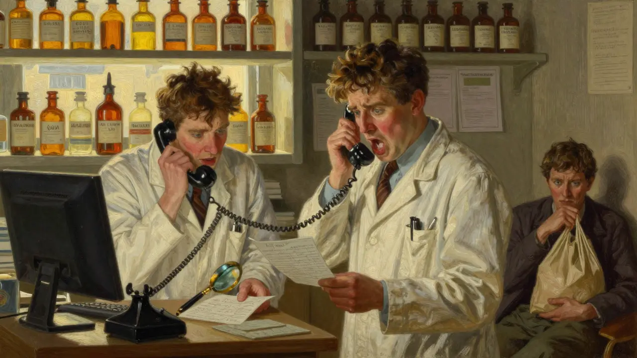 A pharmacist calls a doctor to clarify a messy prescription while a patient waits anxiously in a busy pharmacy.